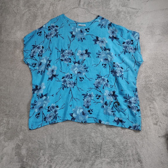 Transparente Pocket Top Blue Floral Pattern Made in Italy Linen 3 Lagenlook Boxy - Picture 1 of 7